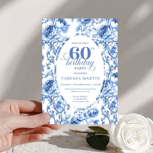 Chic Blue Toile Roses 60th Birthday Invitation  Einladung