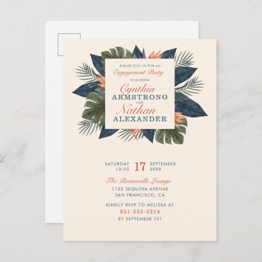Chic Blue Tropical Blätter Einzigartige Engagement Einladungspostkarte (Vorne/Hinten)