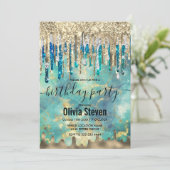 Chic Blue Türkise Gold Glitzer Tropfen Monogramm Einladung (Stehend Vorderseite)