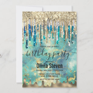 Chic Blue Türkise Gold Glitzer Tropfen Monogramm Einladung