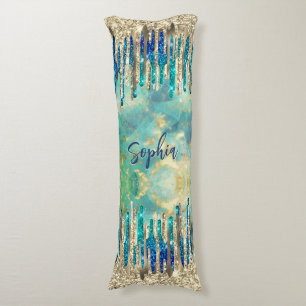 Chic Blue Türkise Gold Glitzer Tropfen Monogramm Seitenschläferkissen