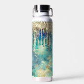 Chic Blue Türkise Gold Glitzer Tropfen Monogramm Trinkflasche (Rückseite)