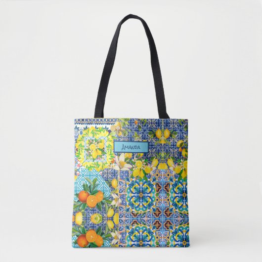 Chic blue turquoise sicilian citrus floral tiles tasche (Vorderseite)