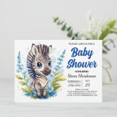 Chic Blue Überraschung Zebra Boy Baby Dusche Einladung (Stehend Vorderseite)
