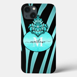 Chic Blue und Black Zebra Stripes Name Monogram Case-Mate iPhone Hülle