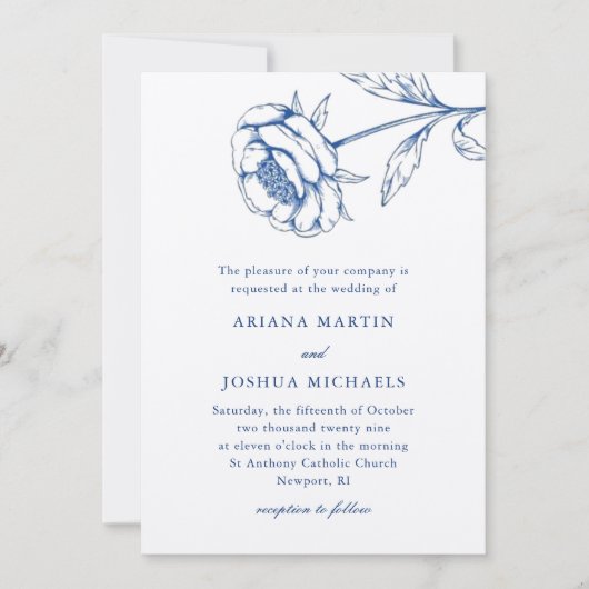 Chic Blue und White Botanical Wedding Einladung (Vorderseite)