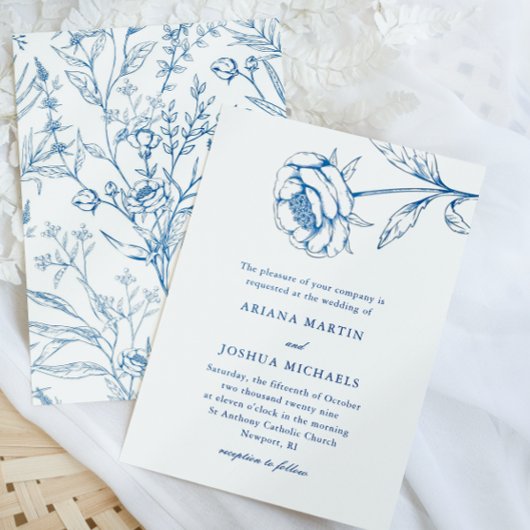 Chic Blue und White Botanical Wedding Einladung