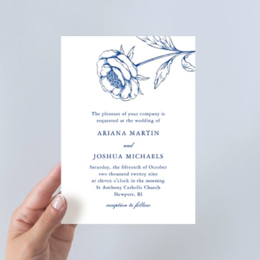 Chic Blue und White Botanical Wedding Einladung