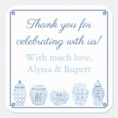 Chic Blue und White Ginger Jar Vielen Dank für Ihr Quadratischer Aufkleber (Vorderseite)