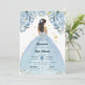 Chic Blue und White Quinceñera Einladung (Stehend Vorderseite)
