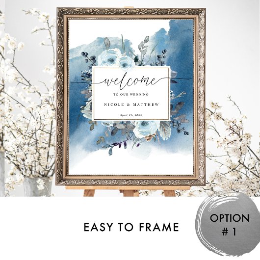 Chic Blue Watercolor Blumen Hochzeit Begrüßungszei Poster
