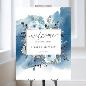 Chic Blue Watercolor Blumen Hochzeit Begrüßungszei Poster