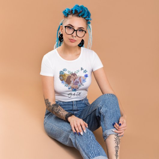 Chic Blue Watercolor Blumenherz Foto Valentines T-Shirt