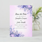 Chic Blue Watercolor Pink Roses Wedding Save The Date (Stehend Vorderseite)