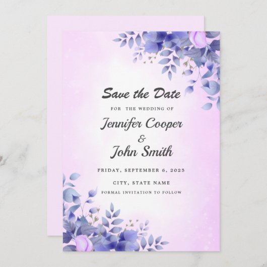 Chic Blue Watercolor Pink Roses Wedding Save The Date (Vorne/Hinten)