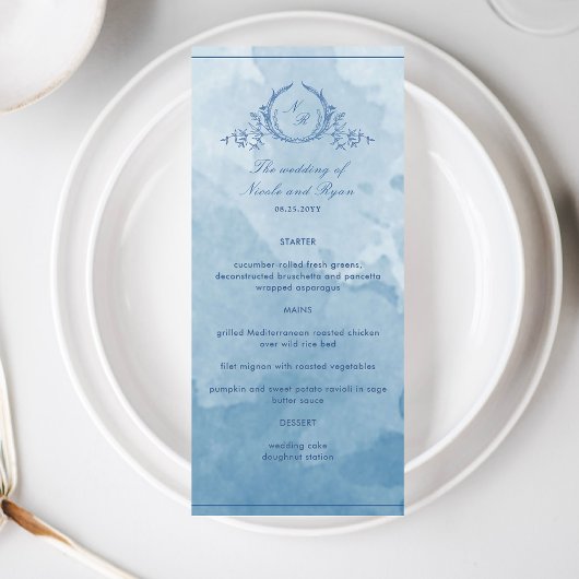 Chic Blue Watercolor Script Monogram Wedding Menu Menükarte