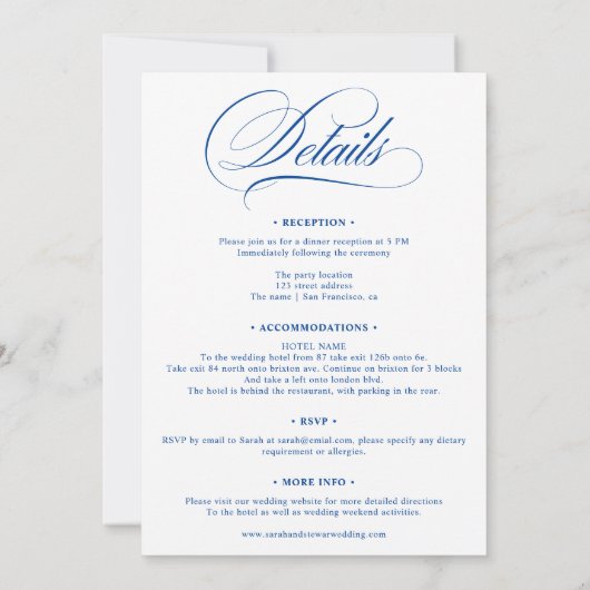 Chic blue white alles in einer kalligraphischen Ho Einladung (Rückseite)