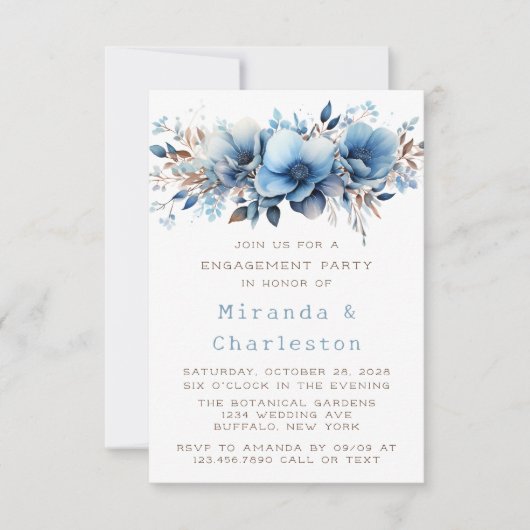 Chic Blue White Blume Engagement Partei Einladung (Vorderseite)