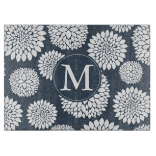 Chic Blue White Blume Monogram Schneidebrett
