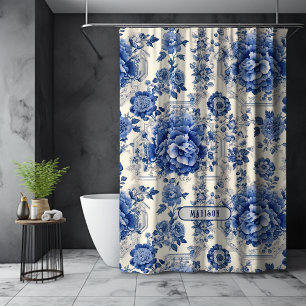 Chic Blue White Blumenchinoiserie Toile Monogramm Duschvorhang