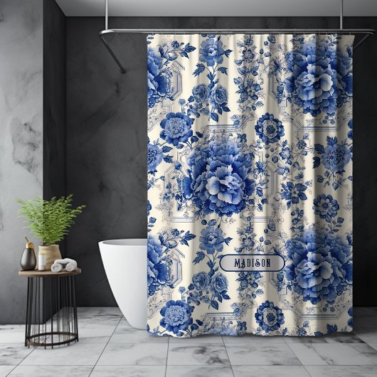 Chic Blue White Blumenchinoiserie Toile Monogramm Duschvorhang