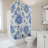 Chic Blue White Blumenchinoiserie Toile Monogramm Duschvorhang (Beispiel)