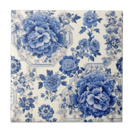 Chic Blue White Blumenchinoiserie Toile Monogramm Fliese
