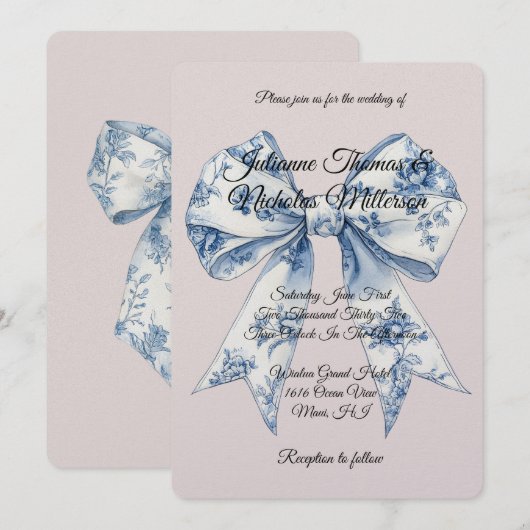 Chic Blue White Bow Blush Pink Wedding Einladung (Vorne/Hinten)