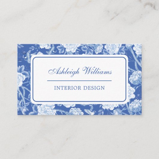 Chic Blue White Chinoiserie Blume Räume Design Visitenkarte (Vorderseite)
