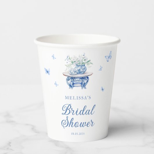Chic Blue White Chinoiserie Brautparty Pappbecher (Rückseite)