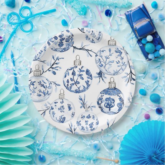 Chic Blue White Christmas Ornaments Pappteller (Party)