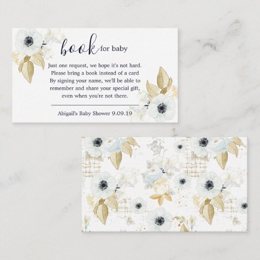 Chic Blue & White Floral Book Request Baby Dusche Begleitkarte (Vorne/Hinten)