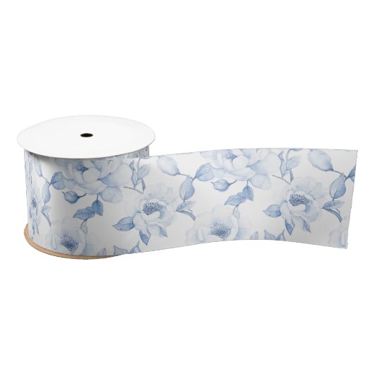 Chic Blue White Floral Brautparty Satinband (Spule)