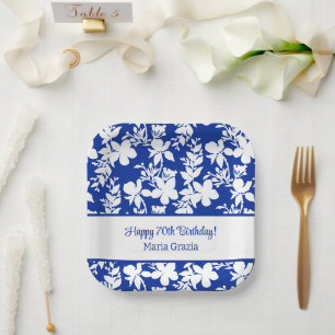 Chic Blue White Floral Pattern 70. Geburtstag Pappteller