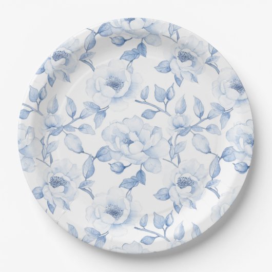 Chic Blue White Floral Wedding Pappteller (Vorderseite)