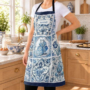 Chic Blue white frames toile de jouy monogram Schürze
