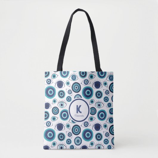 Chic Blue White Greece Evil Eye Monogram Tasche (Vorderseite)