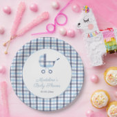 Chic Blue White Karo Buggy Boy Baby Dusche Party Pappteller (Party)