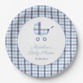 Chic Blue White Karo Buggy Boy Baby Dusche Party Pappteller (Vorderseite)