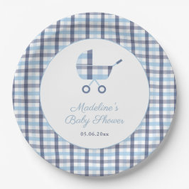 Chic Blue White Karo Buggy Boy Baby Dusche Party Pappteller