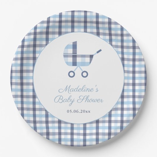Chic Blue White Karo Buggy Boy Baby Dusche Party Pappteller (Vorderseite)