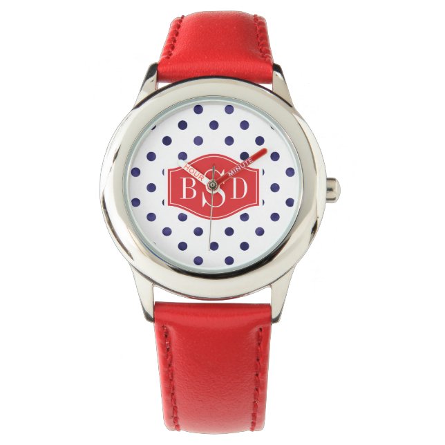 Chic blue-white polka dots muster monogramm armbanduhr (Vorderseite)