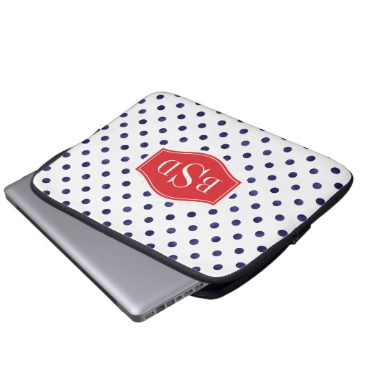 Chic blue-white polka dots muster monogramm laptopschutzhülle (Vorne Knopf)