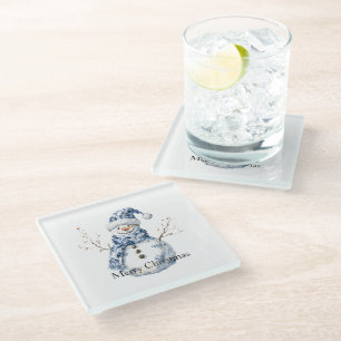 Chic Blue White Snowman Weihnachten Glasuntersetzer