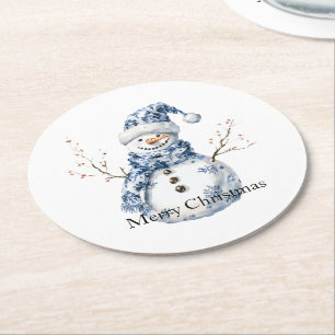 Chic Blue White Snowman Weihnachten Runder Pappuntersetzer