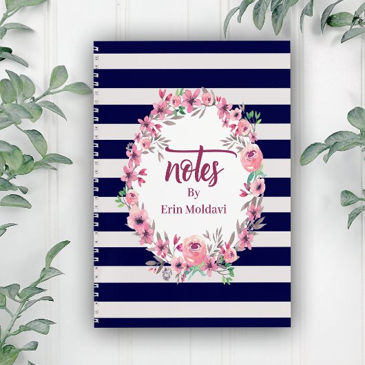 Chic Blue & White Striping Floral Frame Journal/ Notizblock