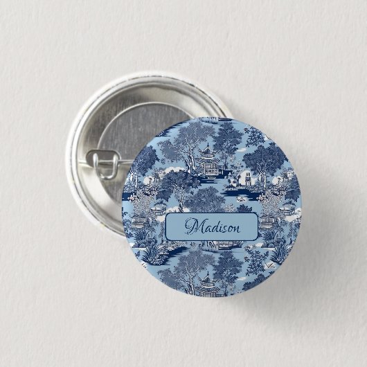 Chic Blue White Weilow Chinoiserie Hütte Button (Vorne & Hinten)