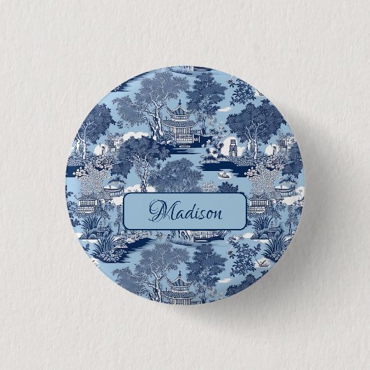 Chic Blue White Weilow Chinoiserie Hütte Button (Vorderseite)