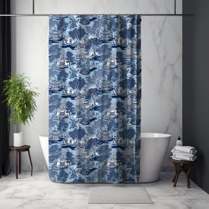 Chic Blue White Weilow Chinoiserie Hütte Duschvorhang