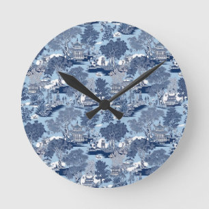 Chic Blue White Weilow Chinoiserie Hütte Runde Wanduhr